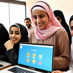 **

"A vibrant scene depicting a community center in a bustling Arab city. A diverse group of people, including women wearing hijabs and men in traditional thobes, are participating in a computer skills workshop. A young Arab woman is enthusiastically teaching coding on a laptop, reflecting empowerment and access to technology. The atmosphere is bright and hopeful, emphasizing social mobility and digital inclusion."

**