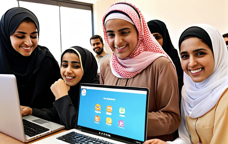 **
"A vibrant scene depicting a community center in a bustling Arab city. A diverse group of people, including women wearing hijabs and men in traditional thobes, are participating in a computer skills workshop. A young Arab woman is enthusiastically teaching coding on a laptop, reflecting empowerment and access to technology. The atmosphere is bright and hopeful, emphasizing social mobility and digital inclusion."
**