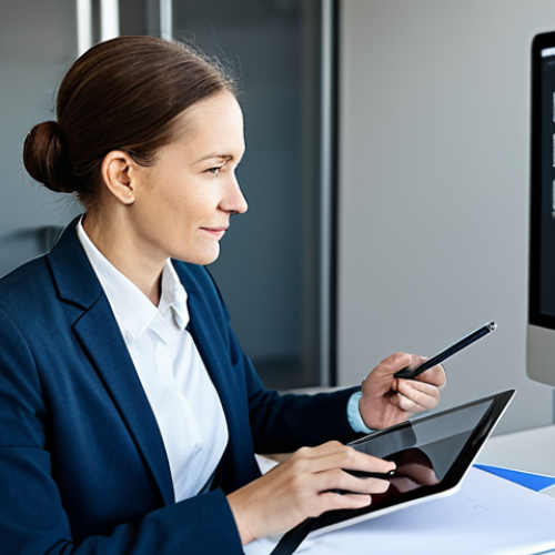 A professional social worker, fully clothed in a modest business suit, seated at a modern desk in a bright, clean office. The social worker is engaged with a digital tablet, displaying complex data visualizations and charts, reflecting their role in data analysis for social impact. Their expression is thoughtful and compassionate, emphasizing the human dimension in their work. The background subtly includes elements of community photos on a wall, symbolizing the people they serve. Perfect anatomy, correct proportions, natural pose, well-formed hands, proper finger count, natural body proportions, professional photography, high detail, high quality, safe for work, appropriate content, fully clothed, professional.