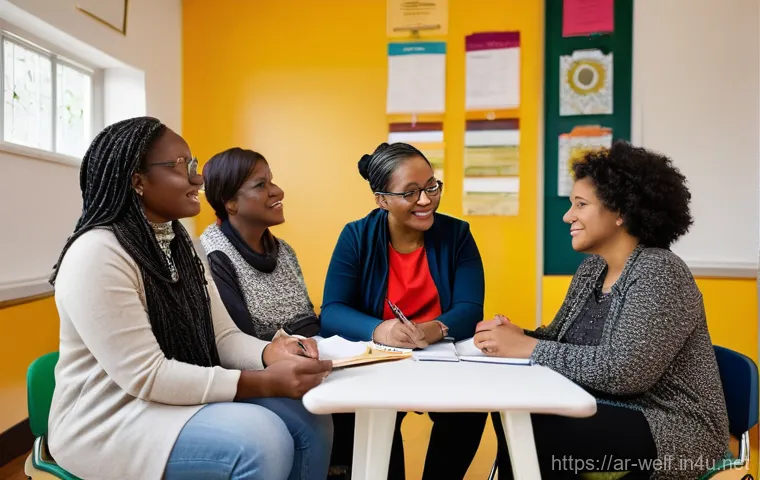 사회복지사 보수 교육 필수 항목 - **Prompt:** A diverse group of social workers, men and women of various ages, are engaged in a vibra...