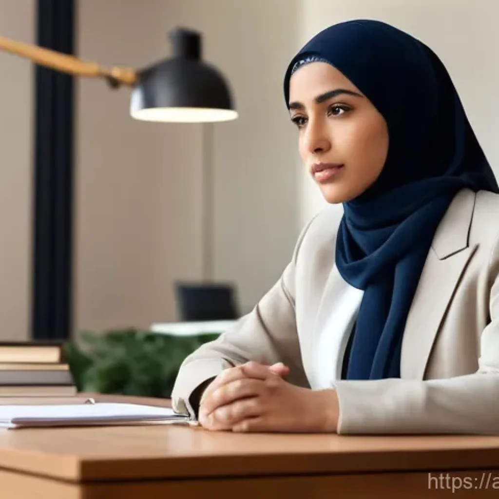 사회복지사 윤리적 딜레마 해결 사례 - A pensive female Arab social worker, elegantly dressed in a modest blazer and a neatly styled hijab,...