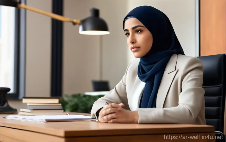 사회복지사 윤리적 딜레마 해결 사례 - A pensive female Arab social worker, elegantly dressed in a modest blazer and a neatly styled hijab,...