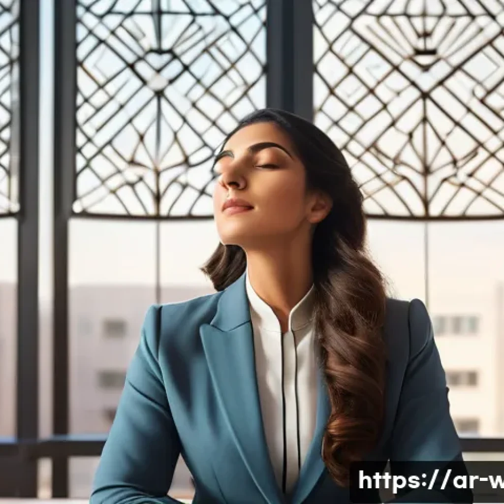 사회복지사 업무 스트레스 관리법 - A professional Middle Eastern woman in modest business attire sitting peacefully in a modern office ...