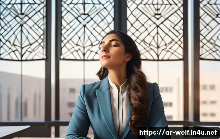 사회복지사 업무 스트레스 관리법 - A professional Middle Eastern woman in modest business attire sitting peacefully in a modern office ...