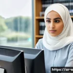 사회복지사와 사회복지 연구 사례 - A professional Arab female social worker in a modern office setting, wearing modest business attire ...