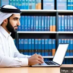 사회복지사 개인사업자 등록 방법 - A professional Arab social worker in a modern office setting, wearing modest business attire, sittin...