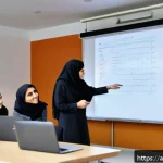 사회복지사 자격증 취득 방법 - A diverse group of young adult Arabic social work students in a modern university classroom in the M...