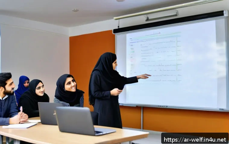 사회복지사 자격증 취득 방법 - A diverse group of young adult Arabic social work students in a modern university classroom in the M...