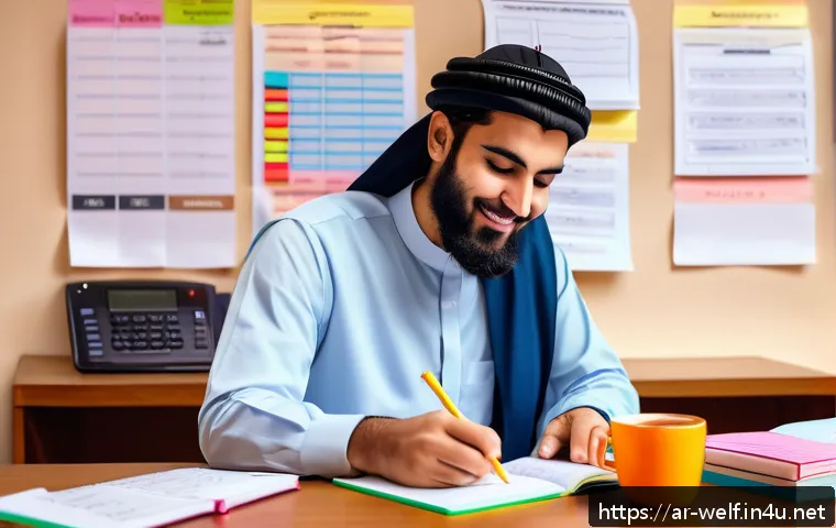 사회복지사 자격증 실기 시험 꿀팁 - A focused young Arab social work student studying at a desk with an open textbook and a detailed exa...