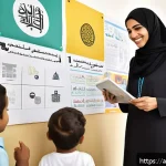 사회복지사 커리어 패스 설계 - A professional Middle Eastern social worker in modest business attire, interacting empathetically wi...