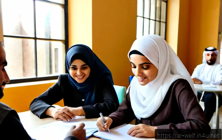 사회복지사와 복지 네트워크 구축 - Photorealistic community welfare network meeting in a bright modern community center in an Arab city...