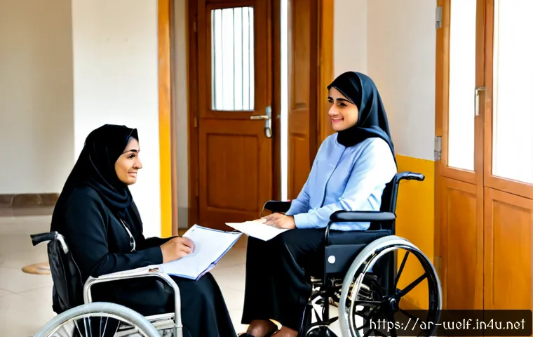 사회복지사 장애인복지 사례 - Photorealistic disability welfare case support scene in a welcoming Arab community service office, c...