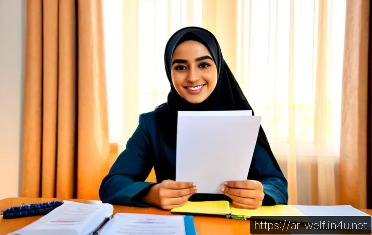 사회복지사 시험 성공 경험담 - Photorealistic success moment of a young Arab woman in modest professional attire and hijab sitting ...